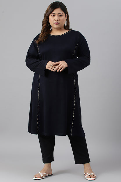 Plus Size Blue A-Line Embroidered Winter kurta