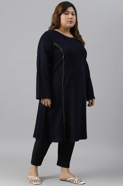 Plus Size Blue A-Line Embroidered Winter kurta