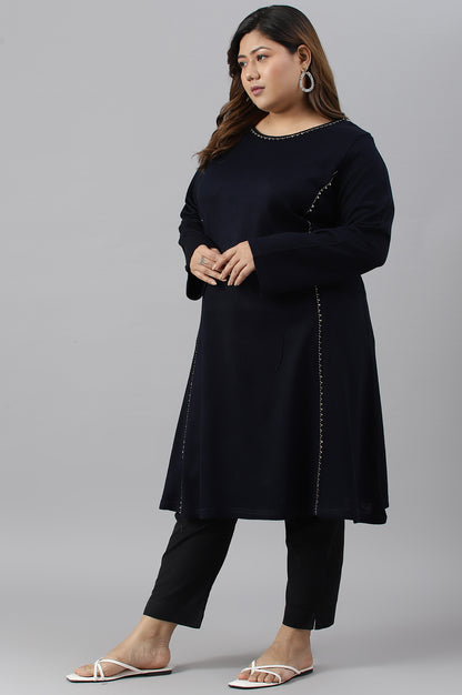 Plus Size Blue A-Line Embroidered Winter kurta