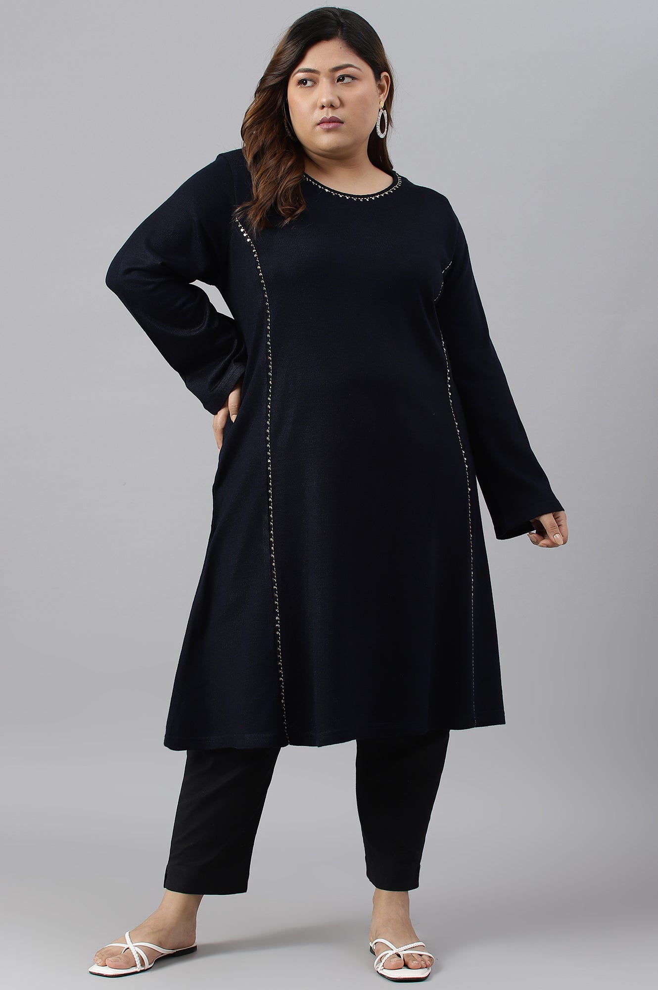 Plus Size Blue A-Line Embroidered Winter kurta