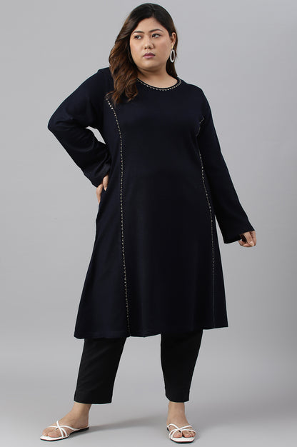 Plus Size Blue A-Line Embroidered Winter kurta