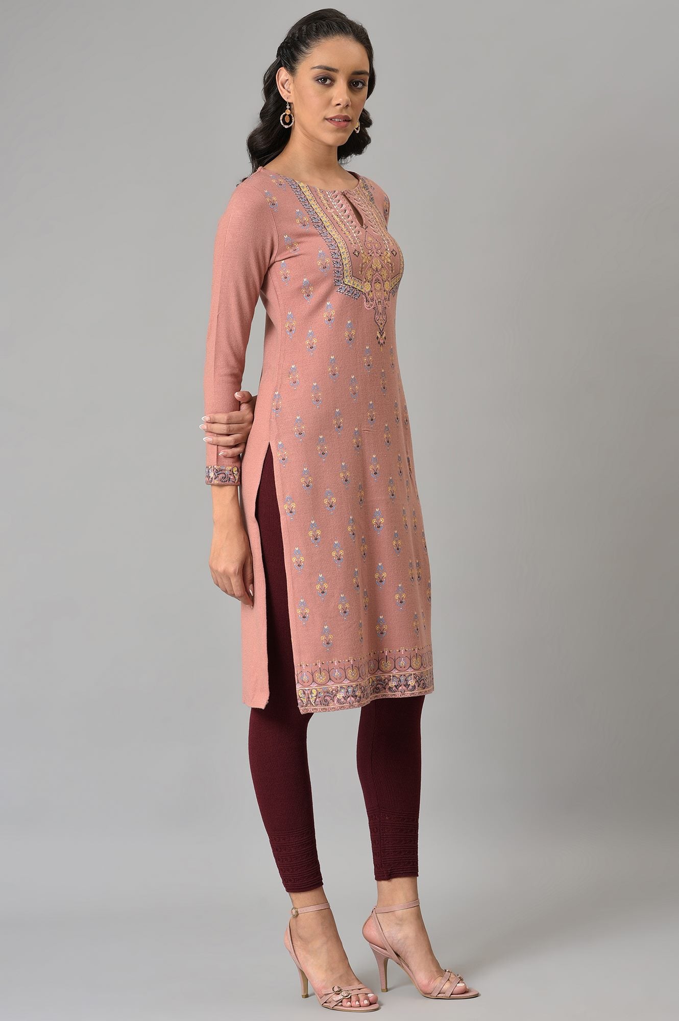 Old Rose Pink Floral Printed Winter kurta