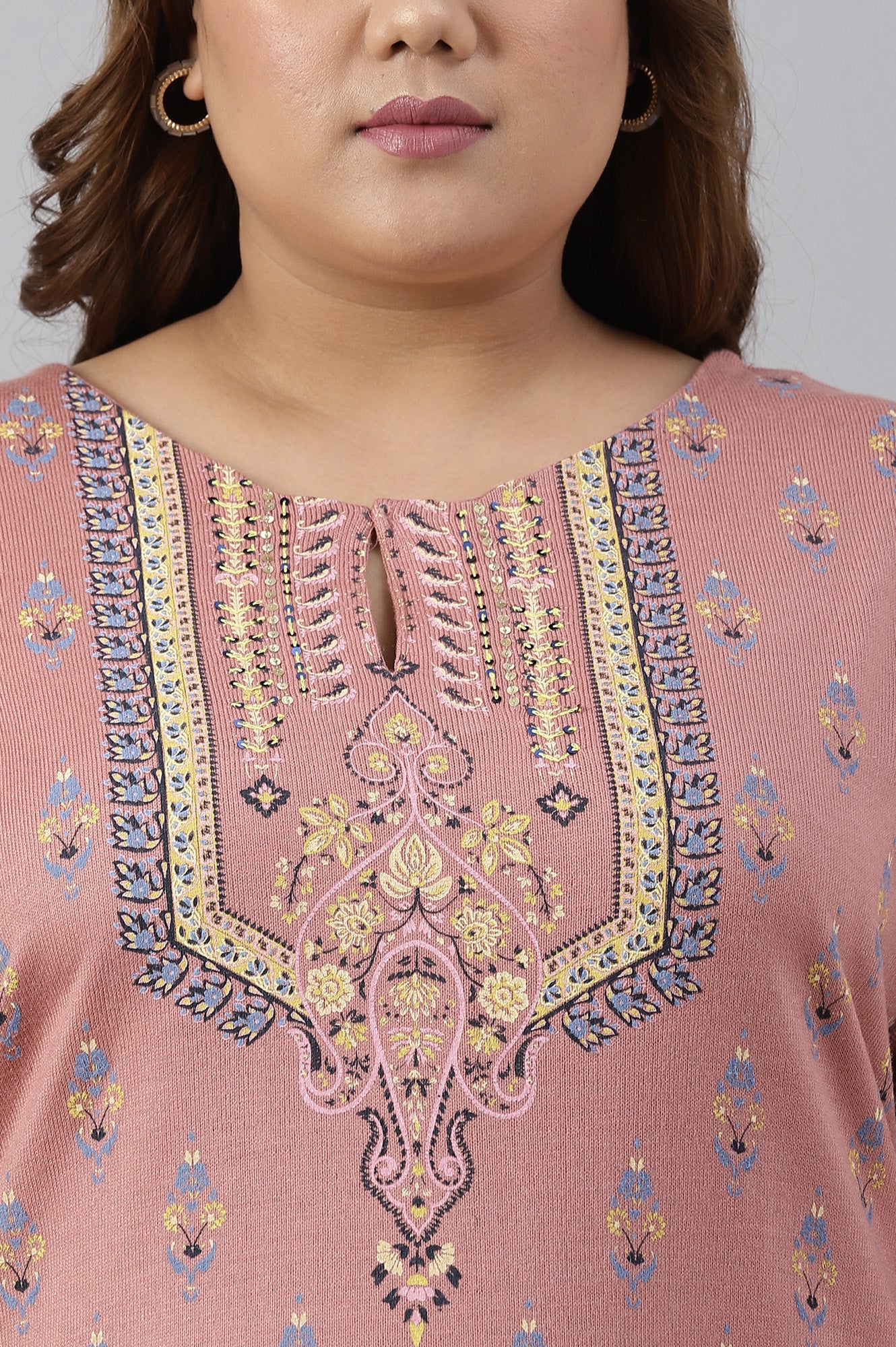 Old Rose Pink Floral Printed Plus Size Winter kurta