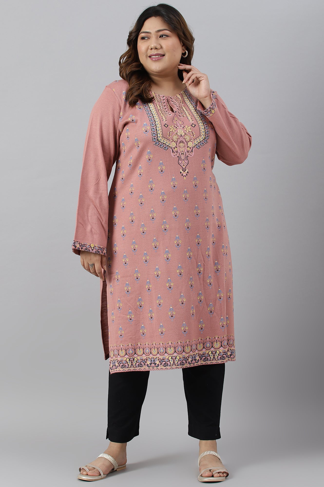 Old Rose Pink Floral Printed Plus Size Winter kurta