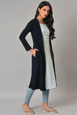 Blue Mock Jacket Winter Dress With Sequins Edge - wforwoman