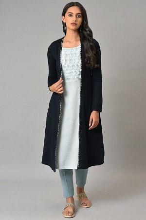Blue Mock Jacket Winter Dress With Sequins Edge - wforwoman