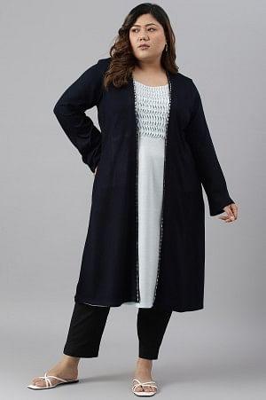 Plus Size Blue Mock Jacket Winter Dress With Sequins Edge - wforwoman