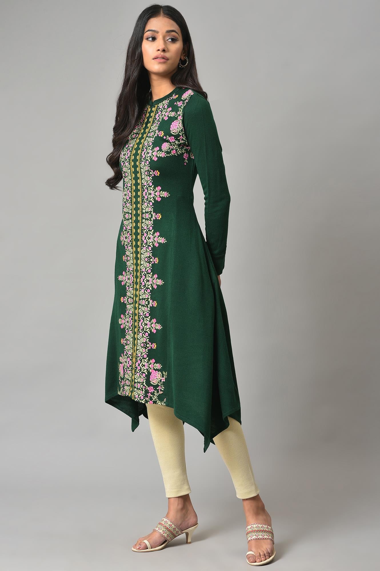 Green Side Dipped Winter kurta