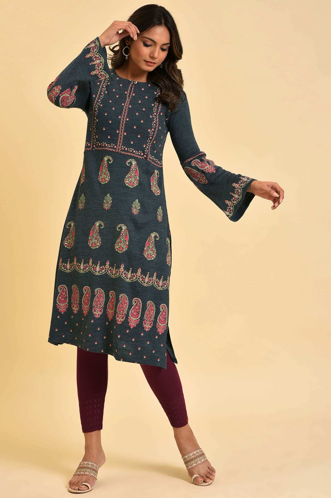 Blue Paisley Printed Knitted Winter kurta