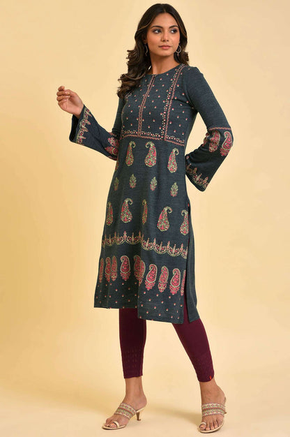 Blue Paisley Printed Knitted Winter kurta