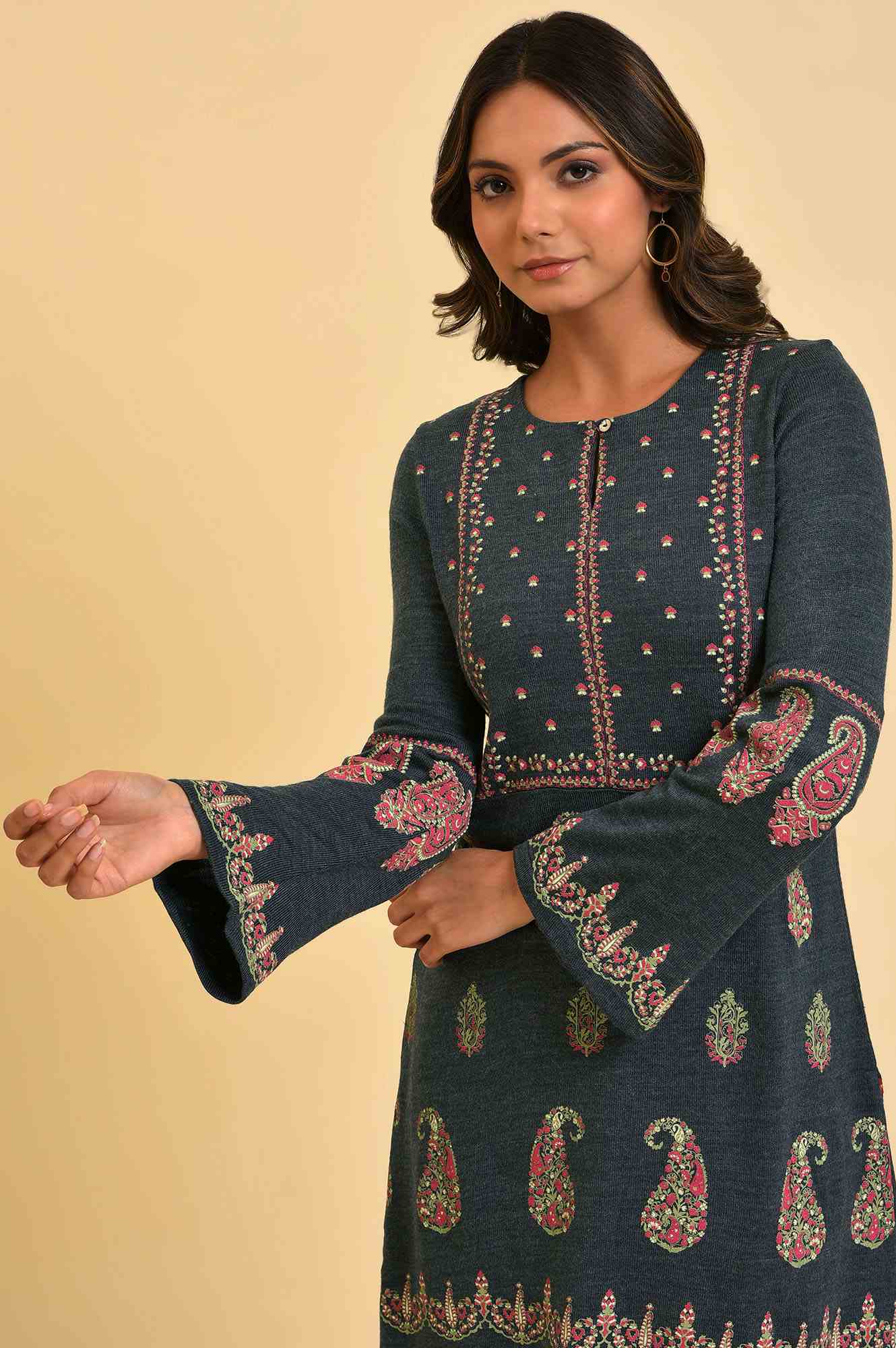 Blue Paisley Printed Knitted Winter kurta