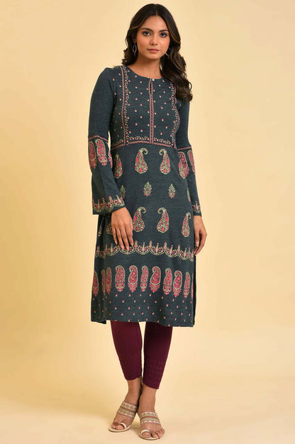 Blue Paisley Printed Knitted Winter kurta