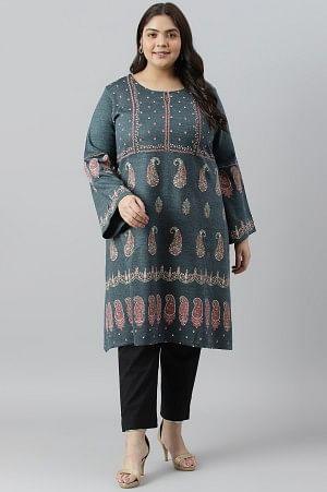 Blue Paisley Printed Knitted Plus Size Winter kurta - wforwoman