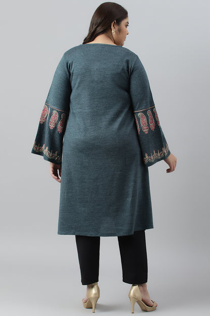 Blue Paisley Printed Knitted Plus Size Winter kurta