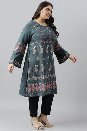 Blue Paisley Printed Knitted Plus Size Winter kurta - wforwoman