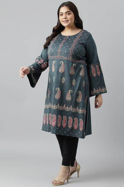 Blue Paisley Printed Knitted Plus Size Winter kurta