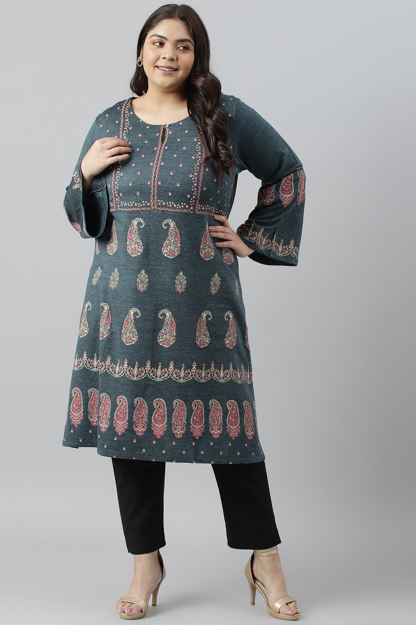 Blue Paisley Printed Knitted Plus Size Winter kurta