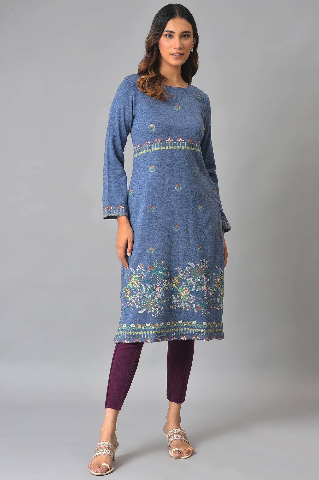 Blue Contemporary Floral Printed Winter kurta