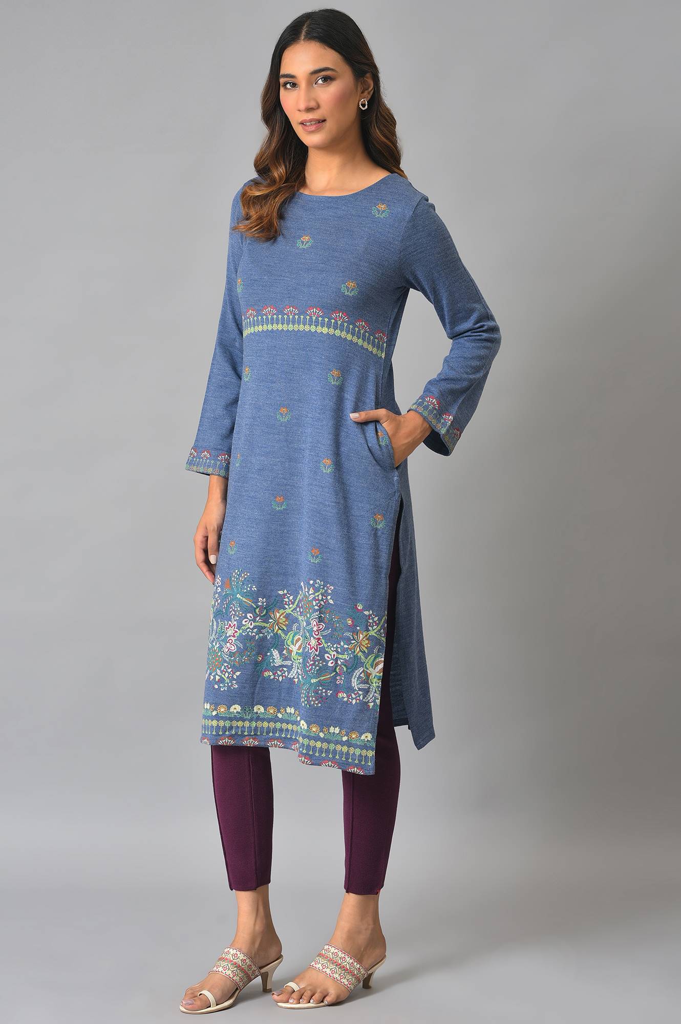 Blue Contemporary Floral Printed Winter kurta