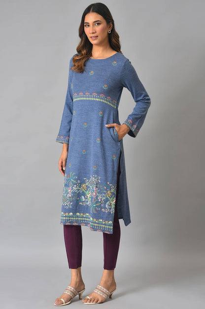 Blue Contemporary Floral Printed Winter kurta