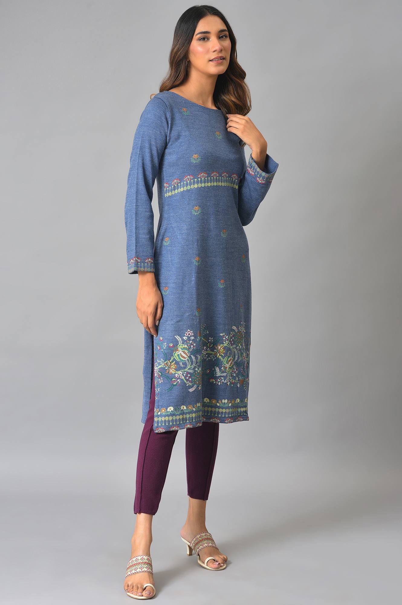 Blue Contemporary Floral Printed Winter kurta