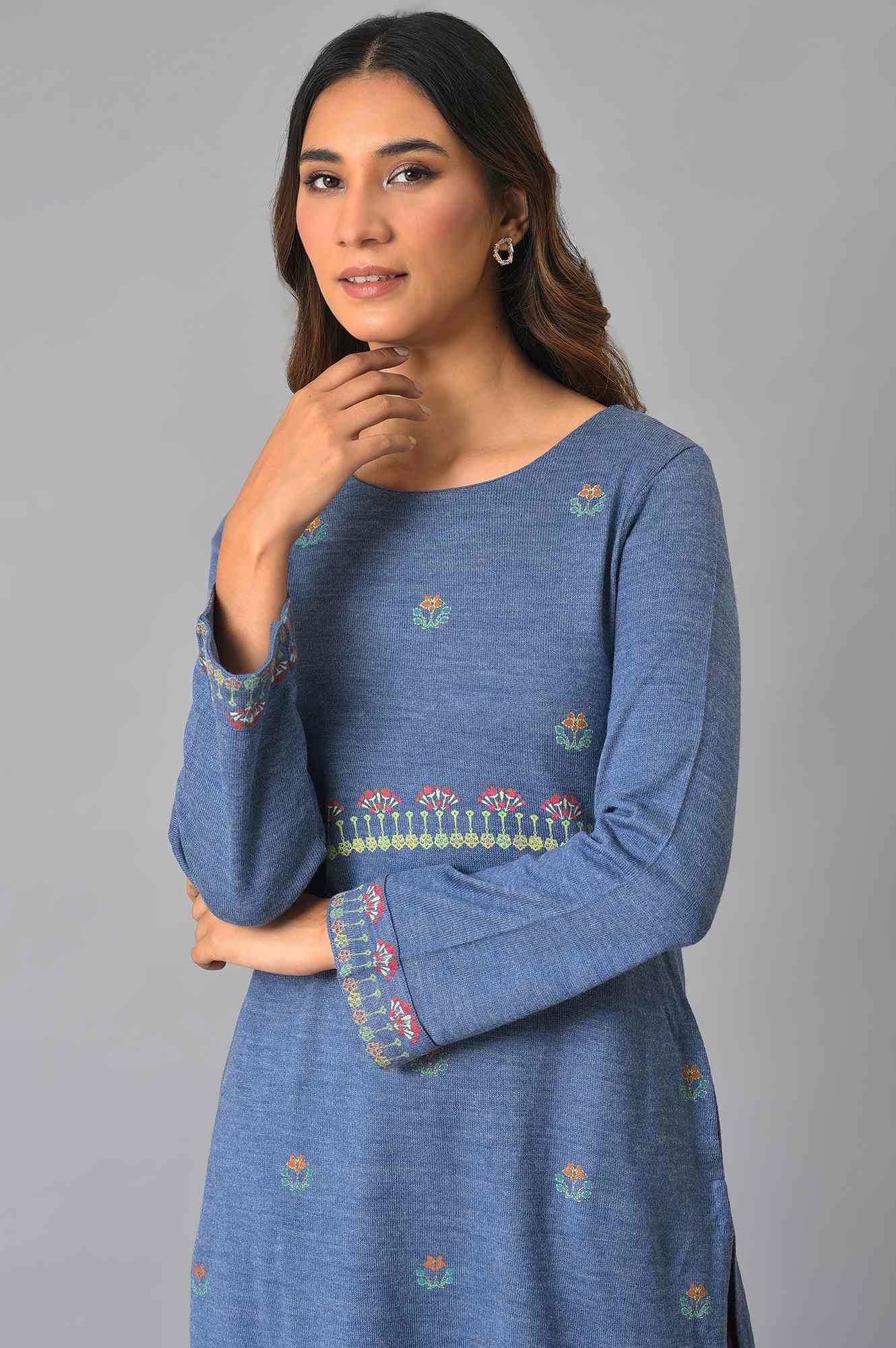 Blue Contemporary Floral Printed Winter kurta