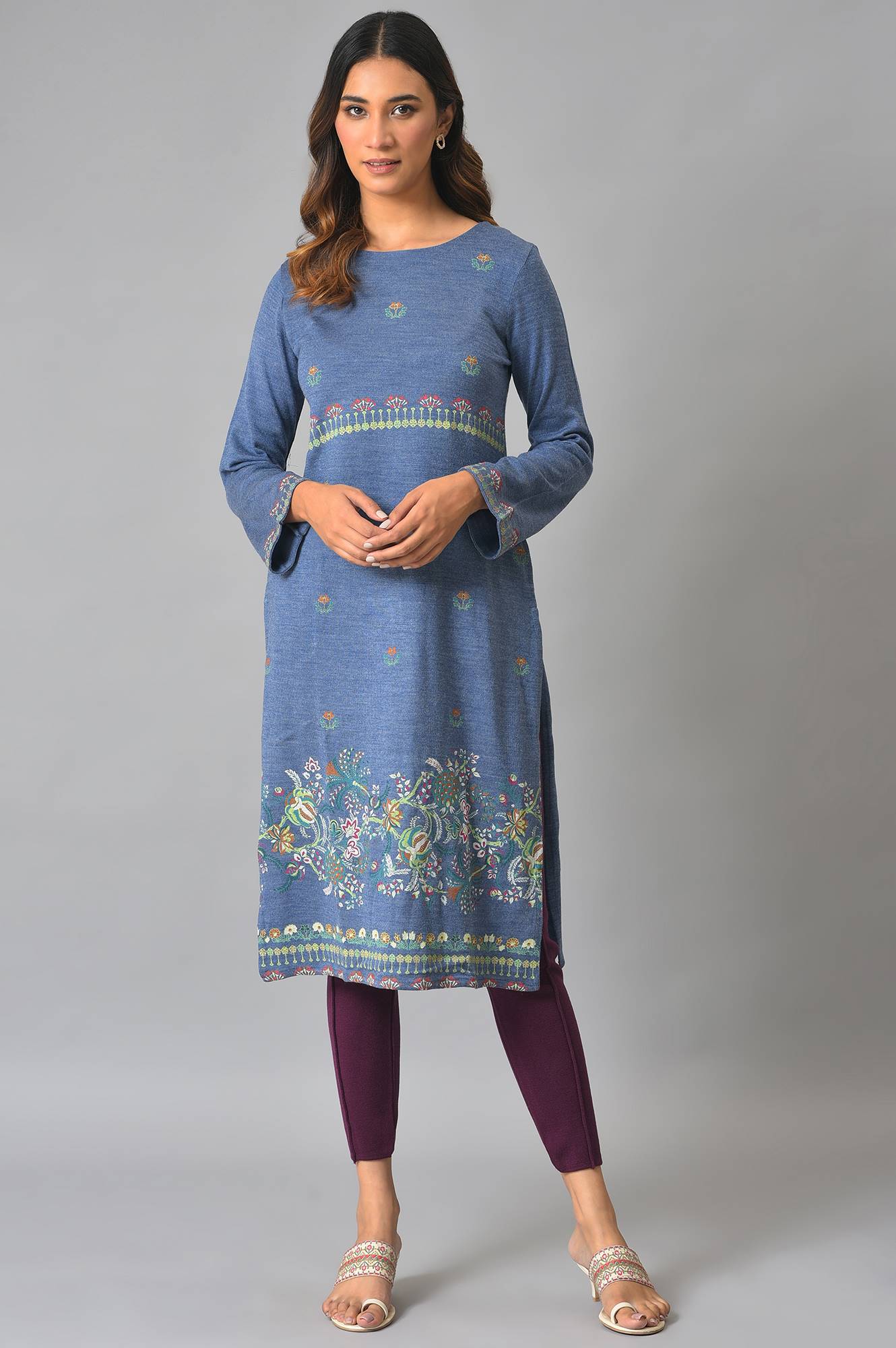 Blue Contemporary Floral Printed Winter kurta