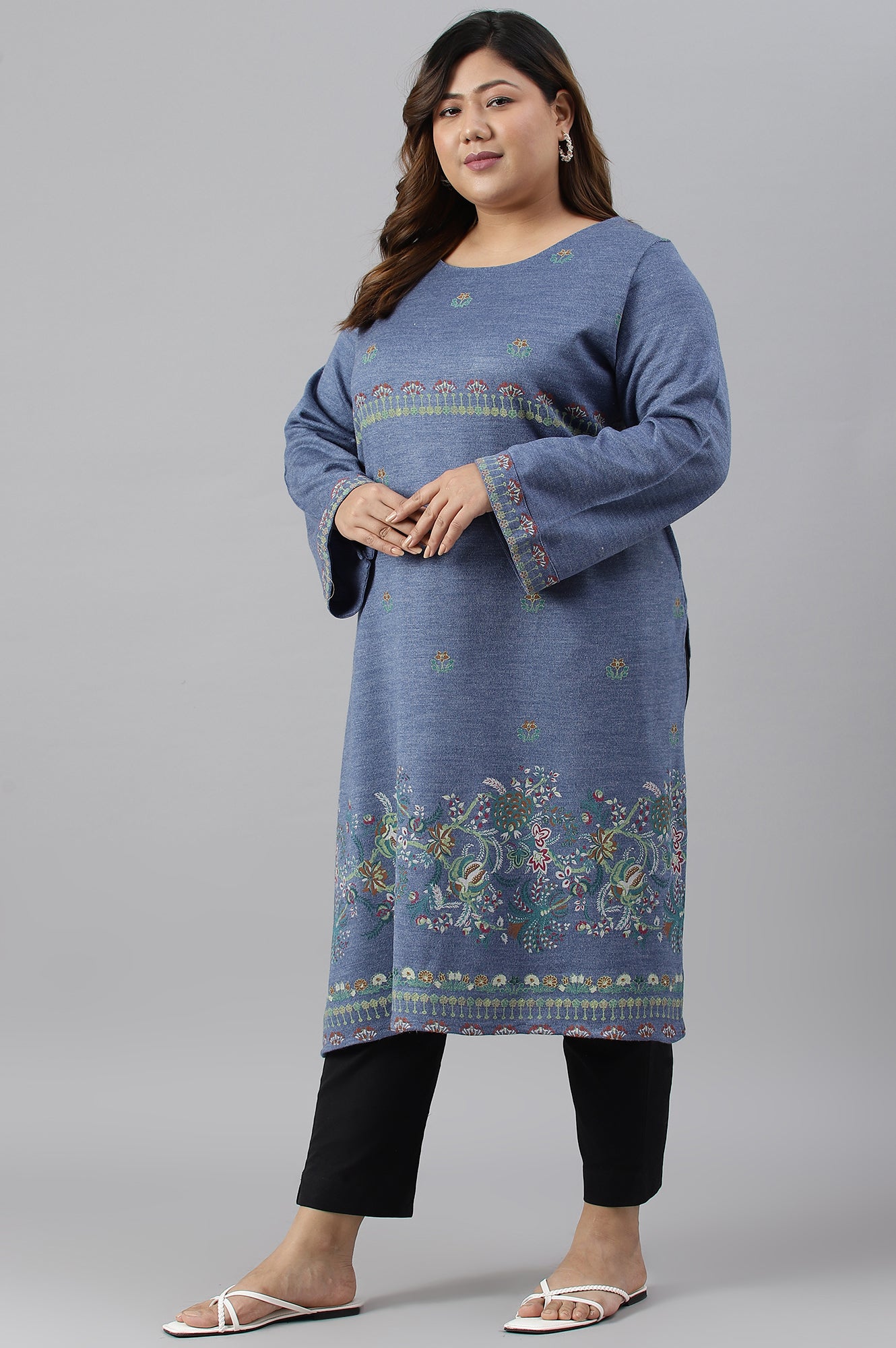 Plus Size Blue Contemporary Floral Printed Winter kurta