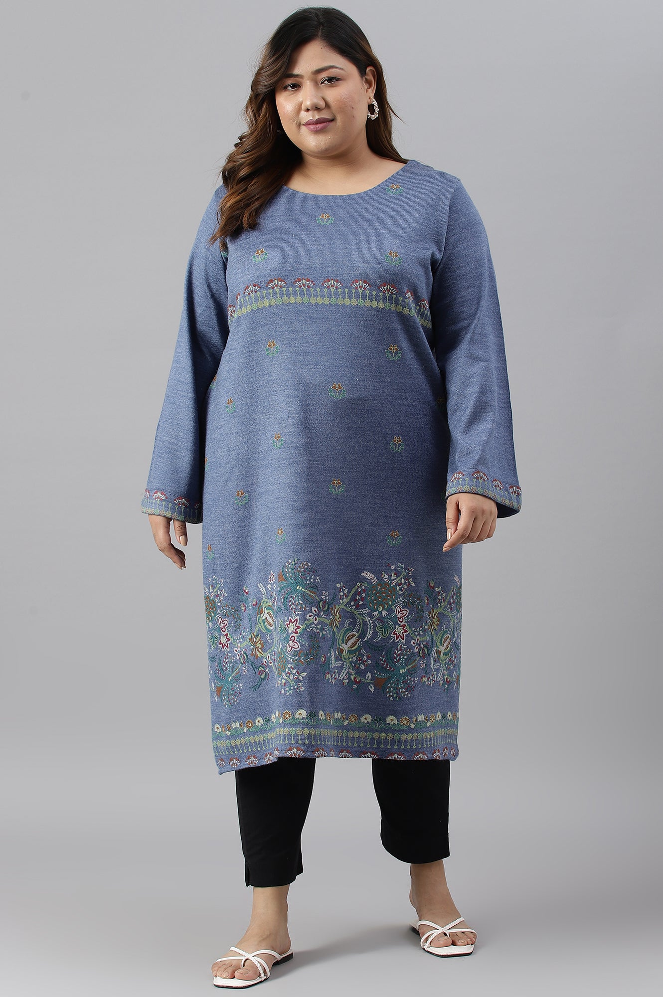 Plus Size Blue Contemporary Floral Printed Winter kurta