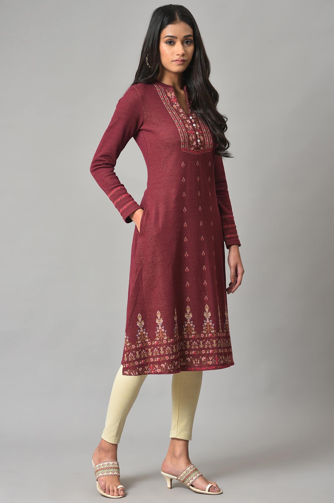 Dark Pink Floral Jacquard Winter kurta