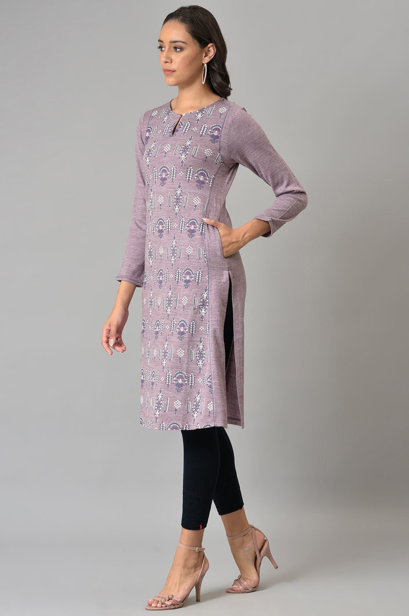 Purple A-Line Floral Printed Winter kurta