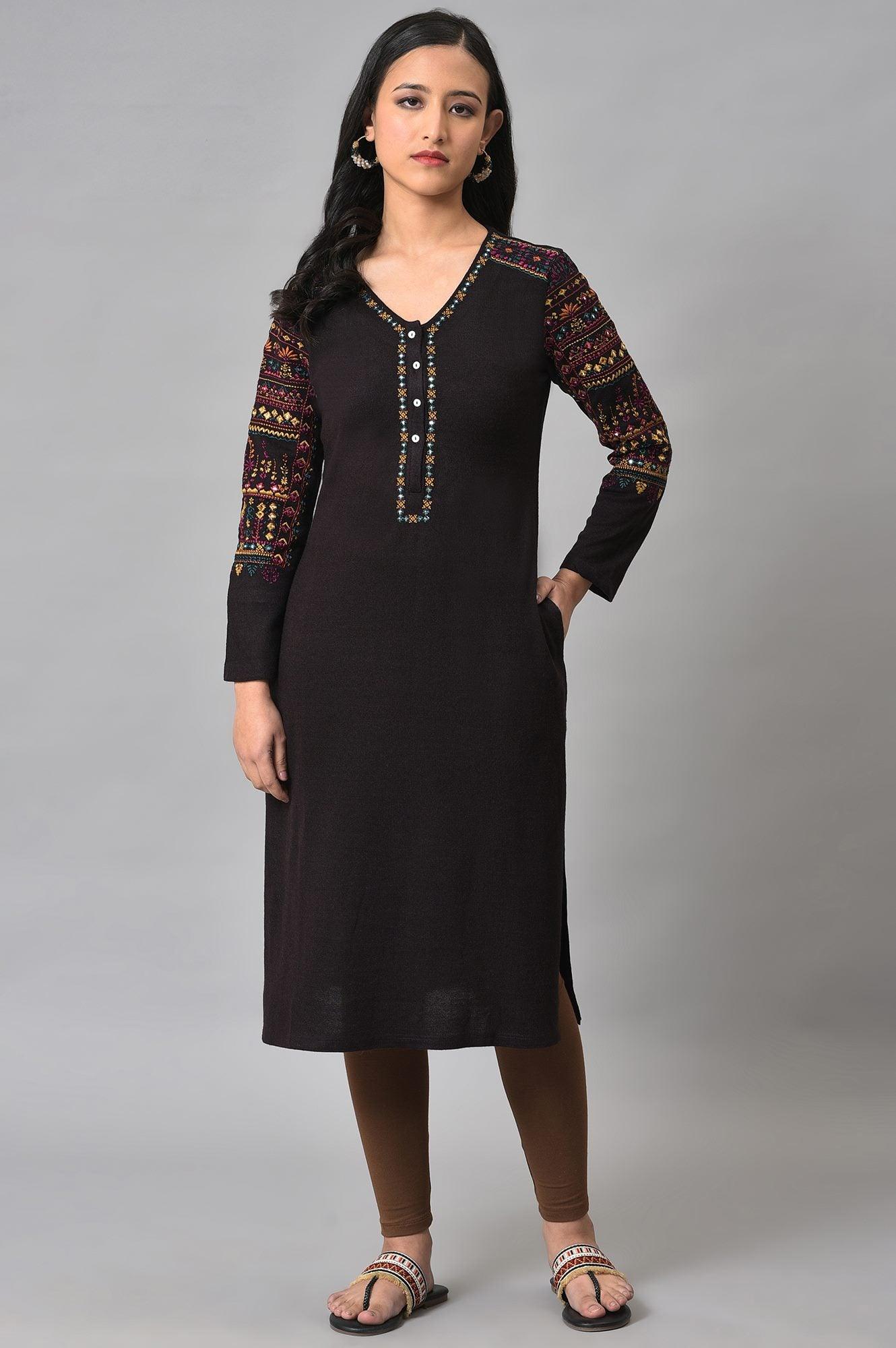 Brown Embroidered Winter kurta - wforwoman