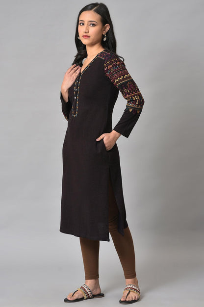 Brown Embroidered Winter kurta - wforwoman