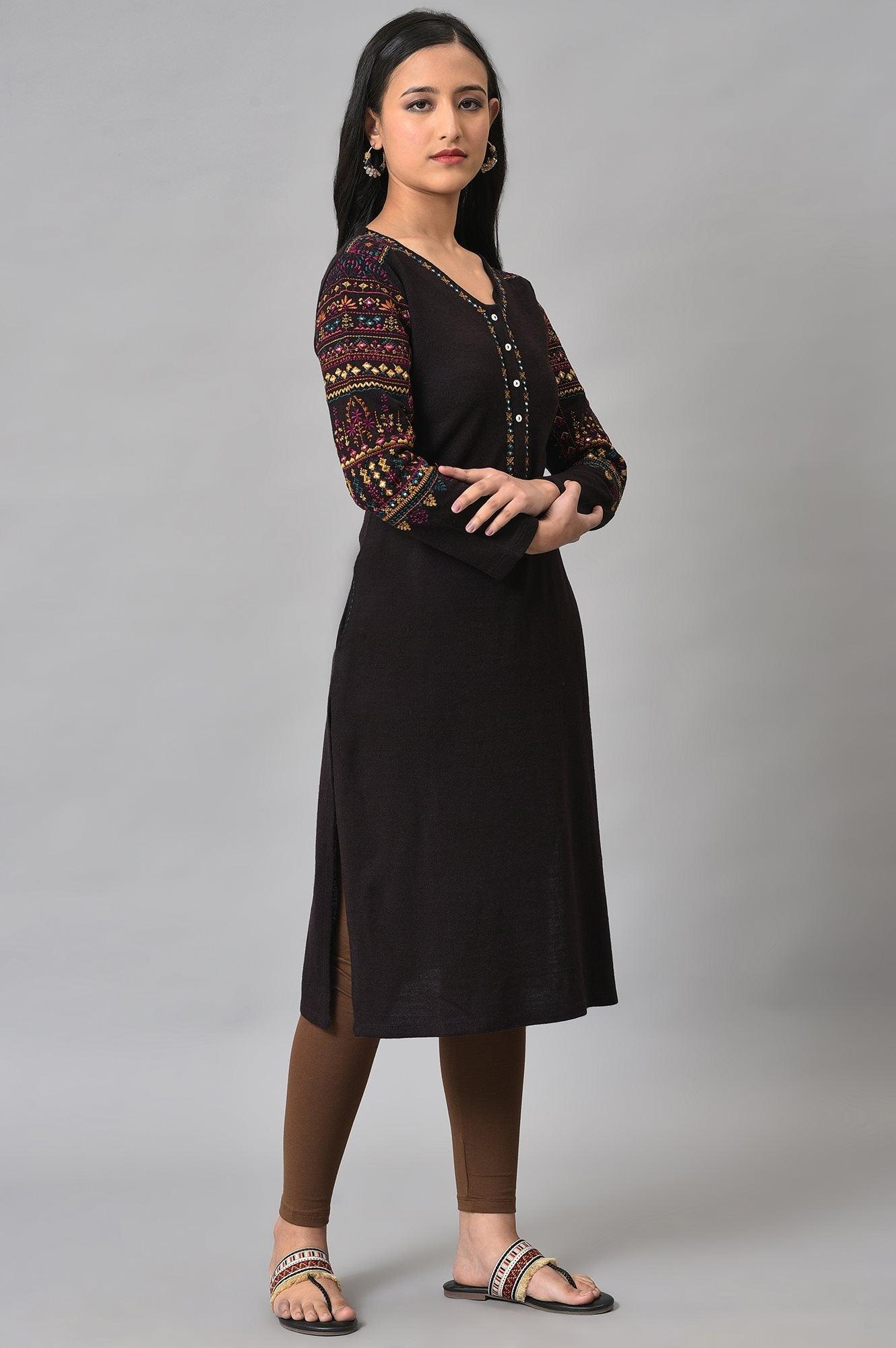 Brown Embroidered Winter kurta - wforwoman