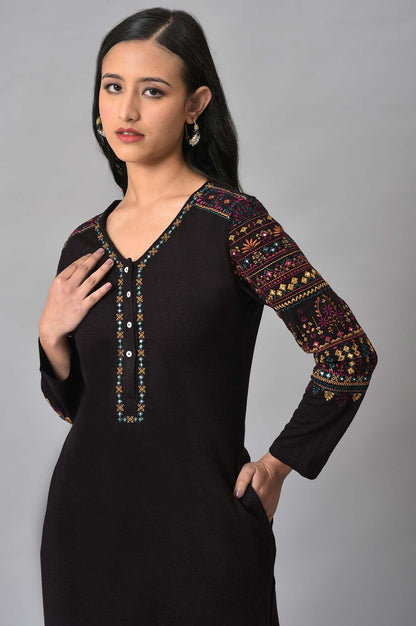 Brown Embroidered Winter kurta - wforwoman