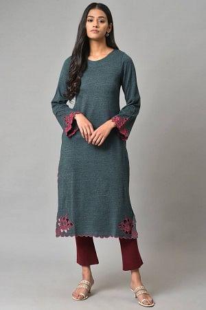 Blue Cutout Embroidered Winter kurta - wforwoman