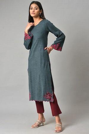 Blue Cutout Embroidered Winter kurta - wforwoman