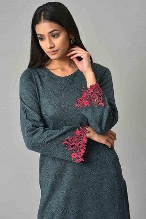 Blue Cutout Embroidered Winter kurta - wforwoman