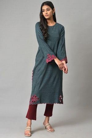 Blue Cutout Embroidered Winter kurta - wforwoman