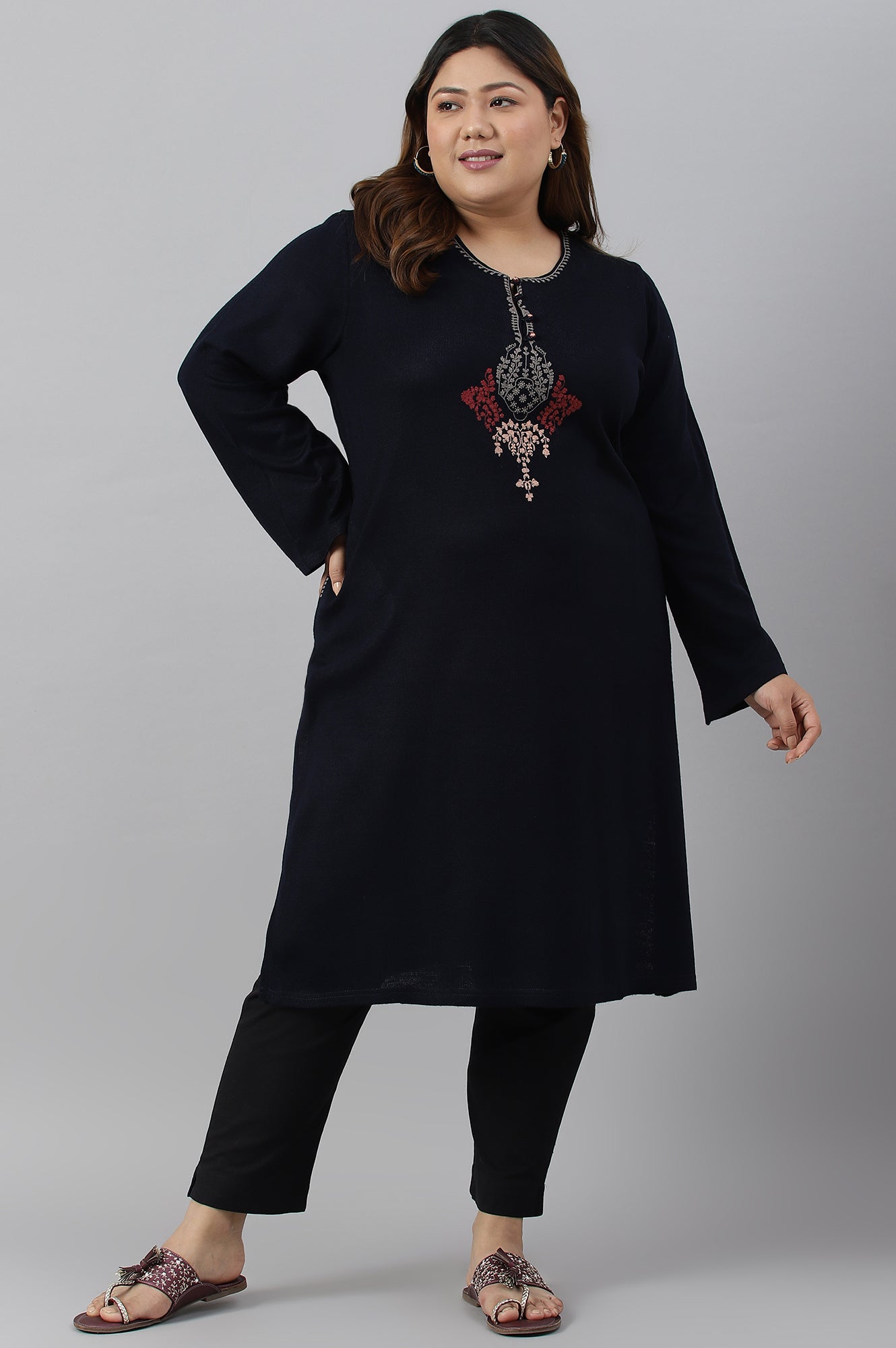 Blue Embroidered Plus Size Winter kurta