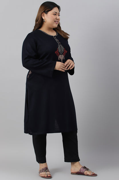 Blue Embroidered Plus Size Winter kurta