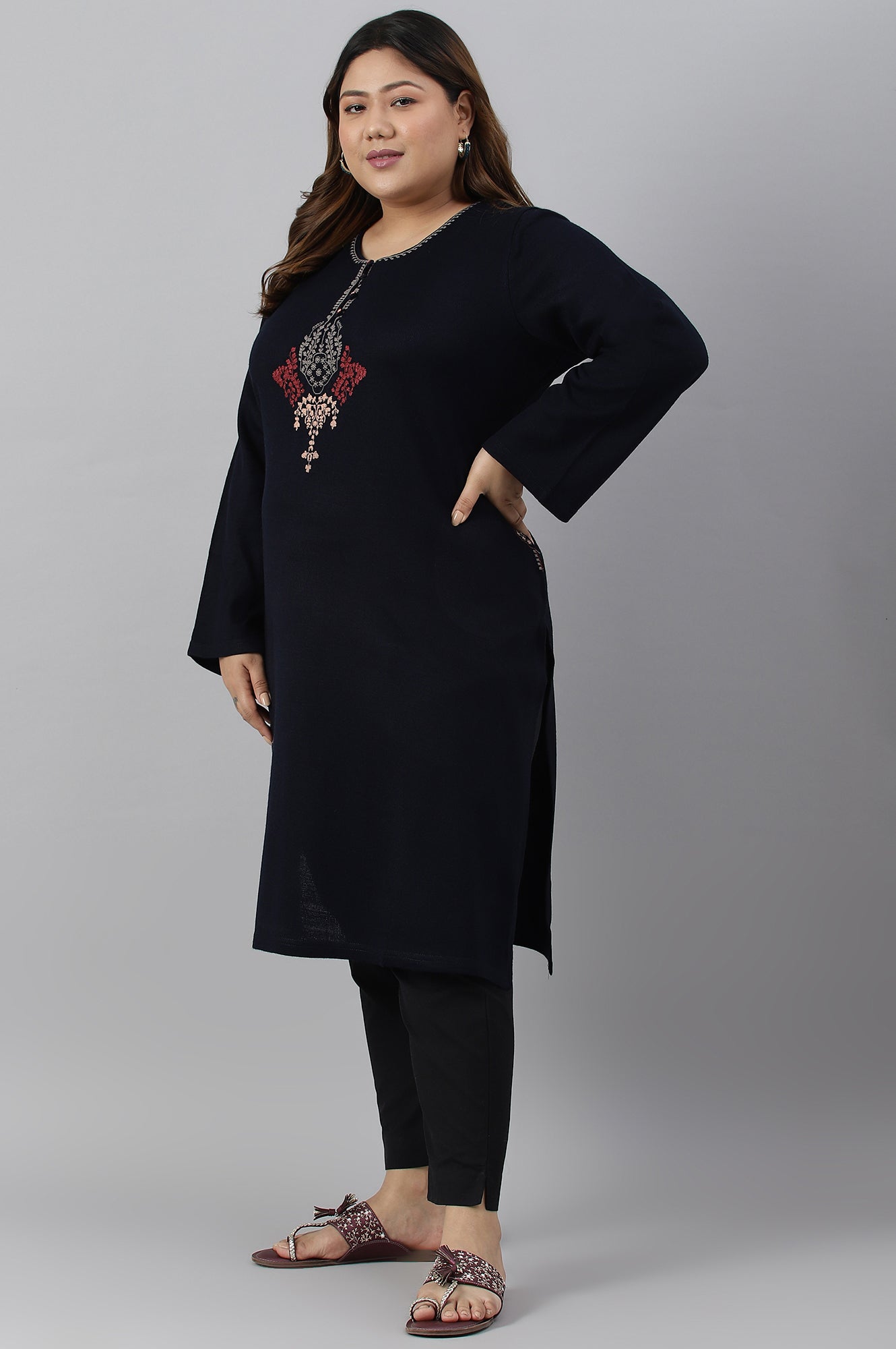 Blue Embroidered Plus Size Winter kurta