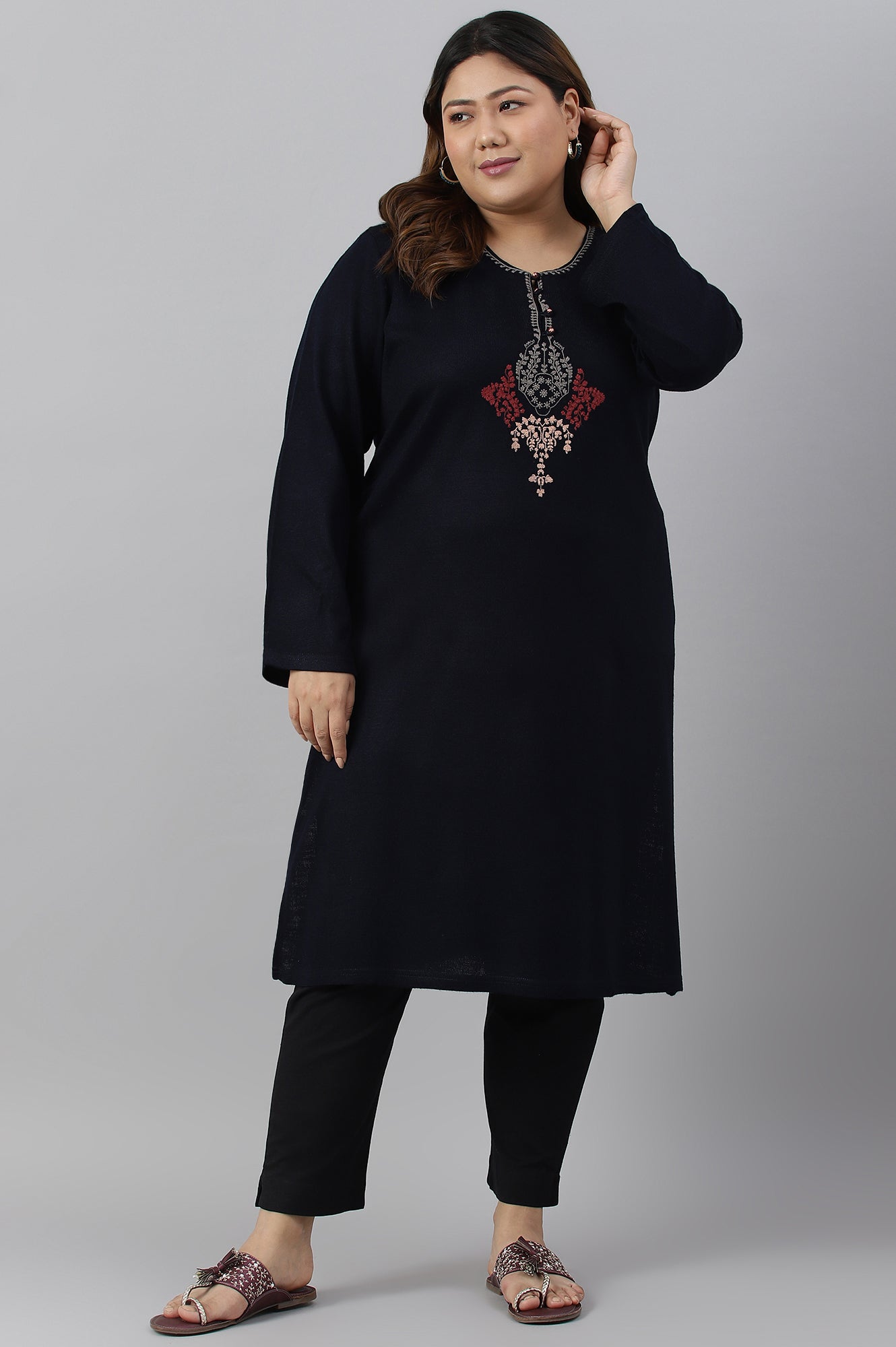 Blue Embroidered Plus Size Winter kurta