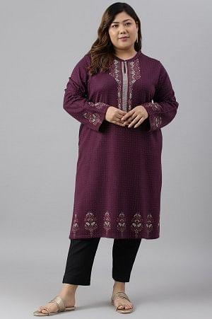 Purple Floral Printed Plus Size Winter kurta - wforwoman