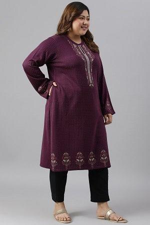 Purple Floral Printed Plus Size Winter kurta - wforwoman