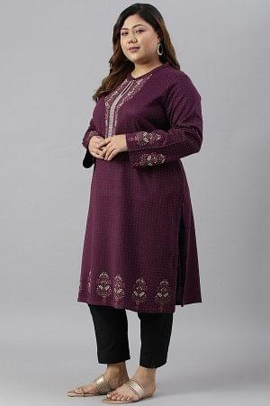 Purple Floral Printed Plus Size Winter kurta - wforwoman