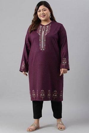 Purple Floral Printed Plus Size Winter kurta - wforwoman