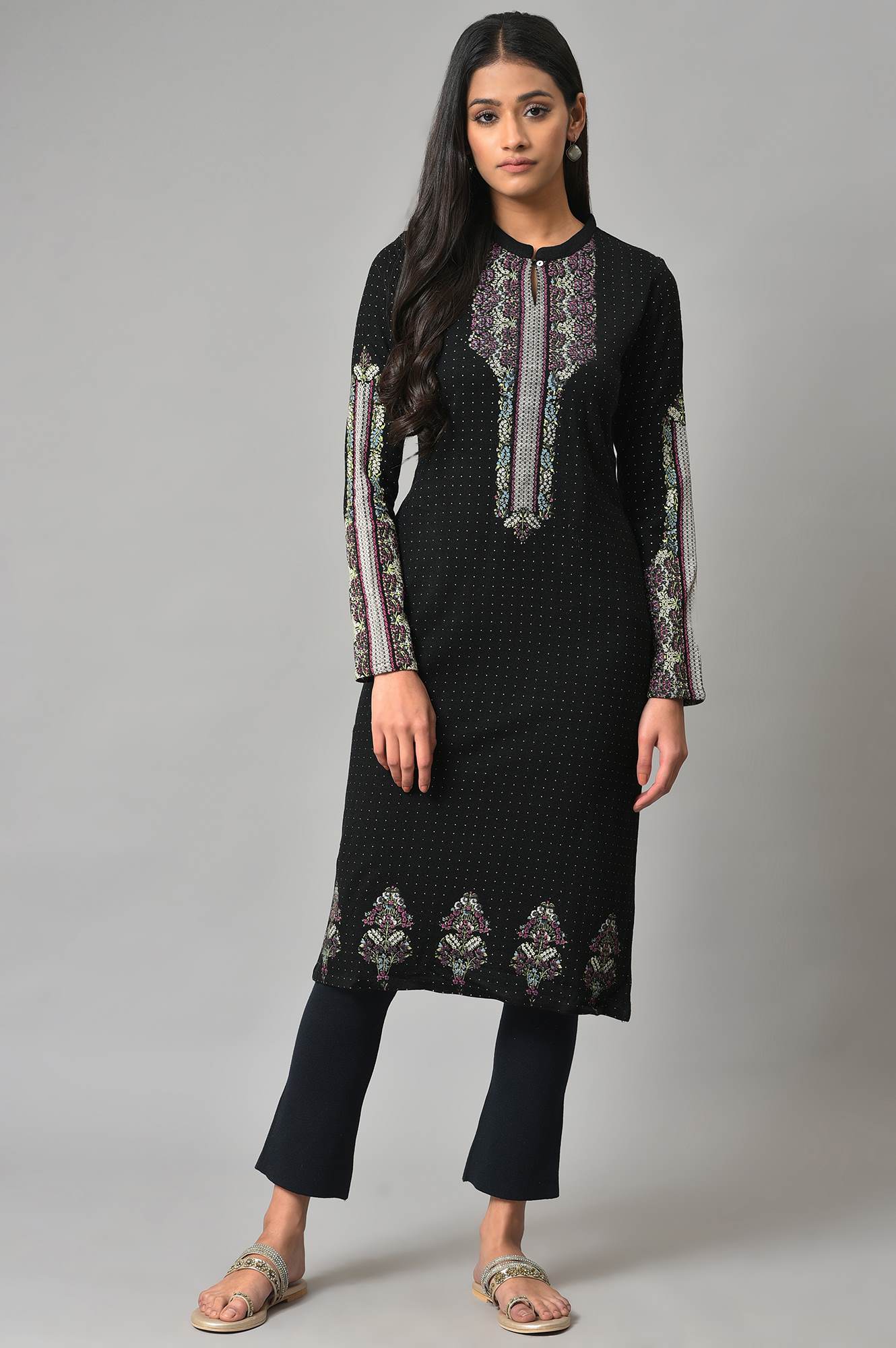 Black Floral Printed Straight Winter kurta