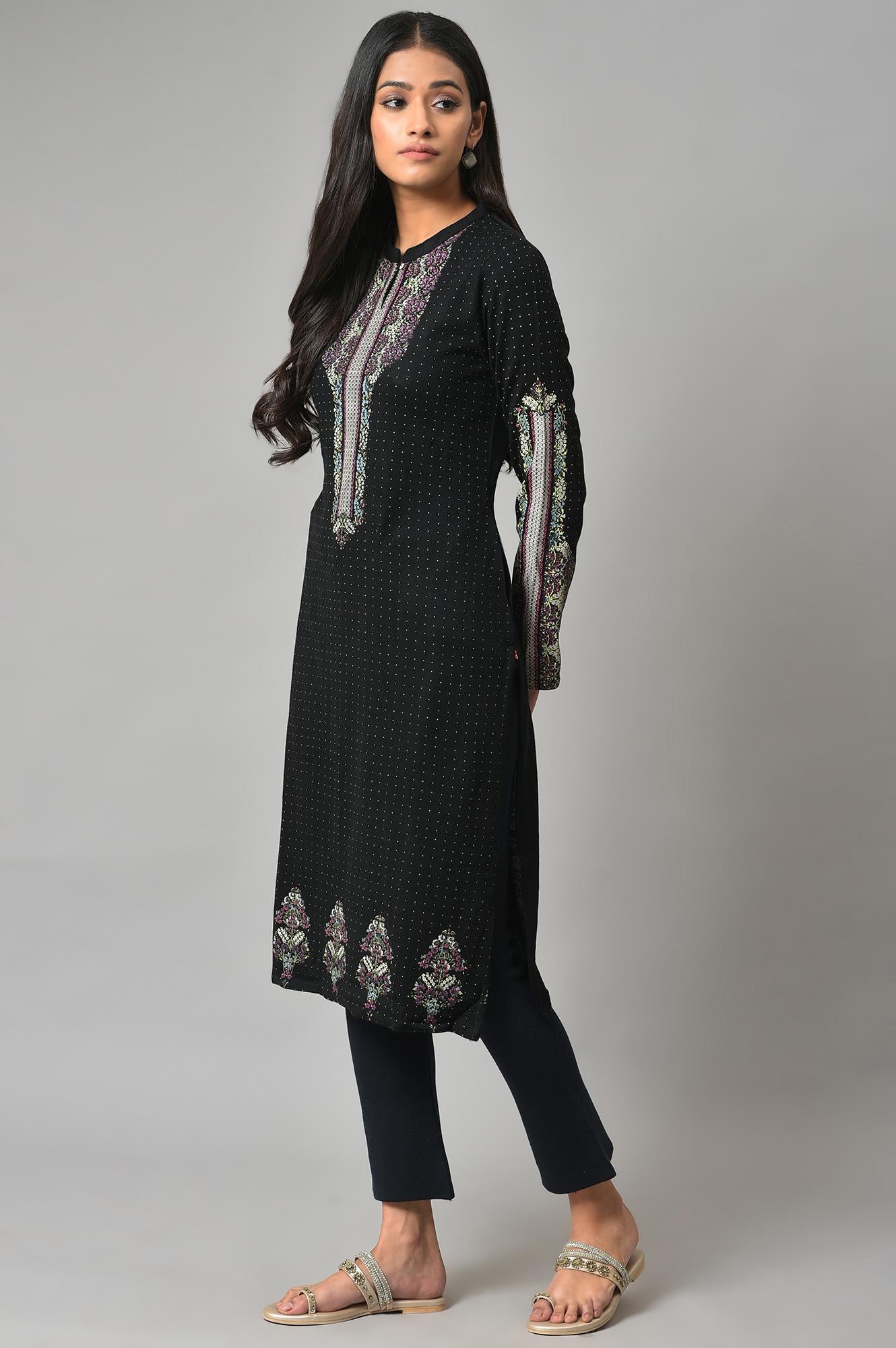 Black Floral Printed Straight Winter kurta