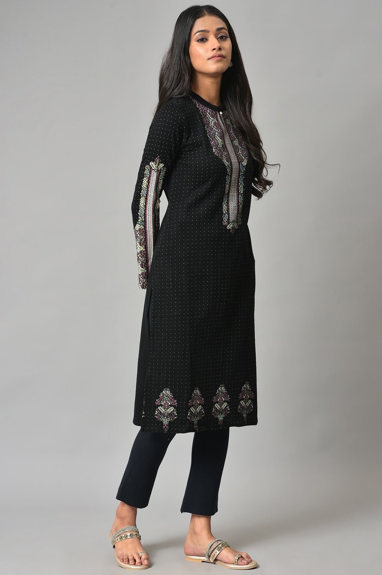 Black Floral Printed Straight Winter kurta